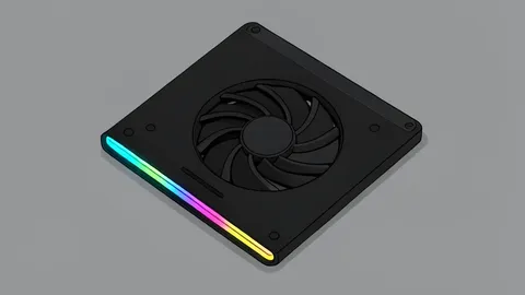 A flat vector illustration of a black laptop cooling pad with a large circular fan and a glowing RGB light strip, set against a neutral background.