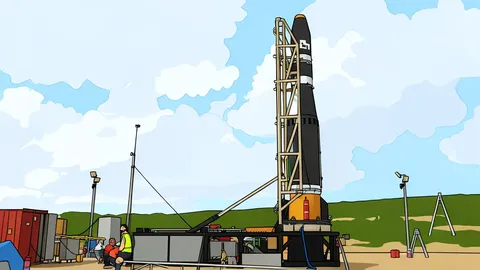 A rocket standing vertically on a launch pad in a dry, coastal landscape