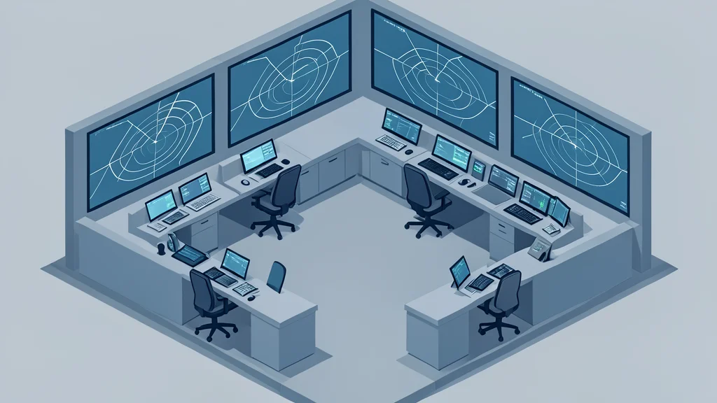A stylized vector illustration of a military command center with multiple operator stations and radar screens.