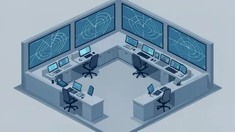 A stylized vector illustration of a military command center with multiple operator stations and radar screens.
