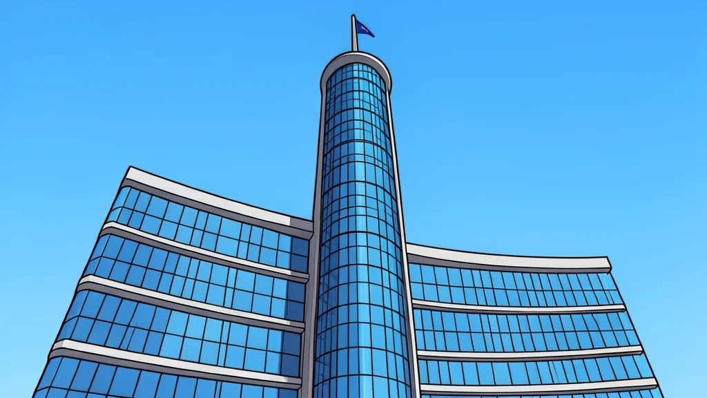 A flat vector illustration of a large modern bank building with columns and a clear sky.
