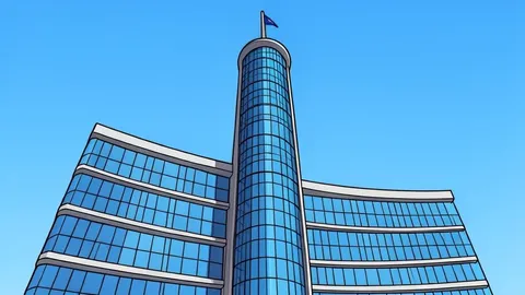 A flat vector illustration of a large modern bank building with columns and a clear sky.