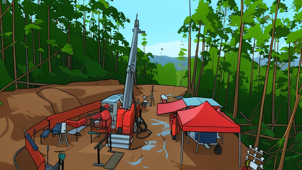 A diamond drill rig positioned on a rocky hillside in a tropical forest