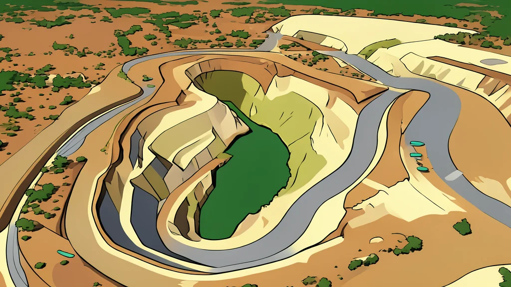 A gold mining site featuring heavy drilling rigs and large piles of raw ore in a rural landscape.