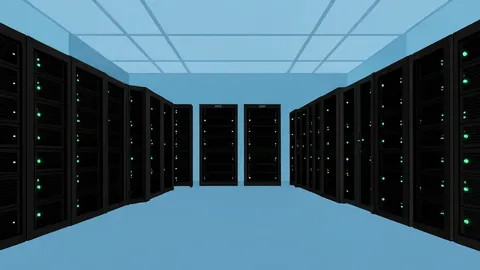Rows of black server racks with blinking status lights in a large, cool-toned data center hall