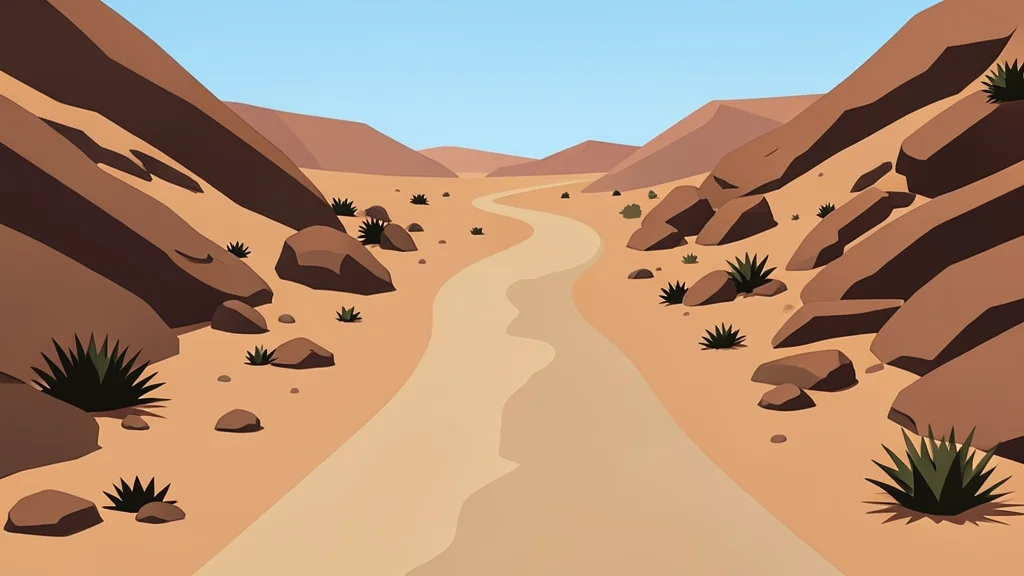A dusty, unpaved road winding through arid, rocky terrain with sparse vegetation