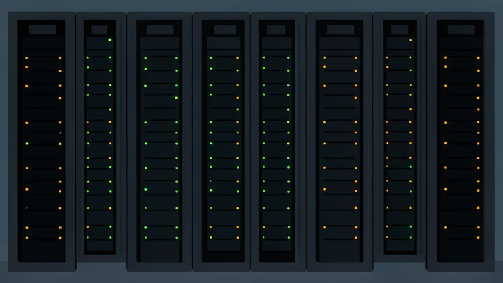 A row of humming server racks with blinking status lights in a dark data center