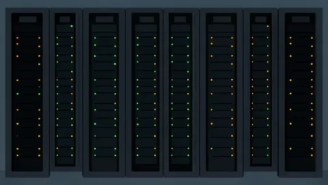 A row of humming server racks with blinking status lights in a dark data center