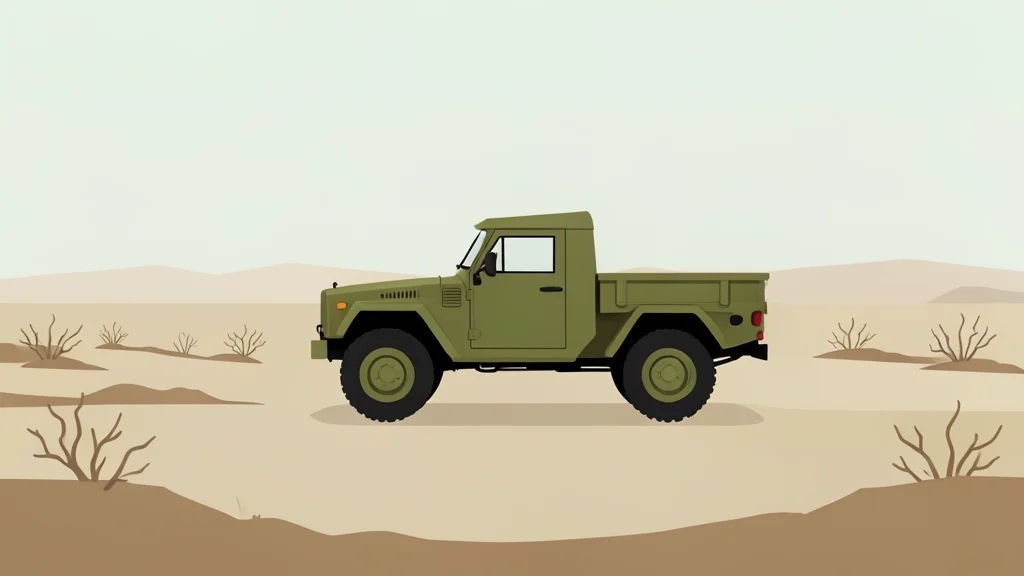 A military vehicle parked on dusty terrain in a semi-arid landscape