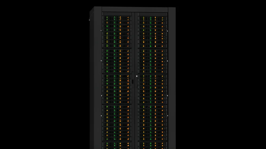Rows of black server racks with blinking status lights in a dimly lit data center aisle