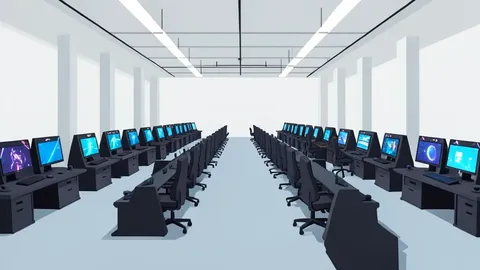 A large exhibition hall interior with rows of gaming stations and monitors