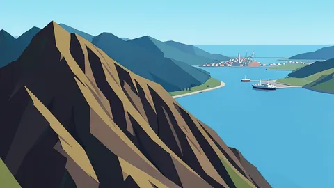 A rugged mountain ridge overlooking a narrow strait and a distant port city
