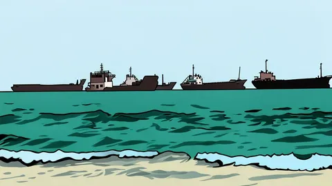 A narrow waterway between rocky cliffs with large cargo ships passing through