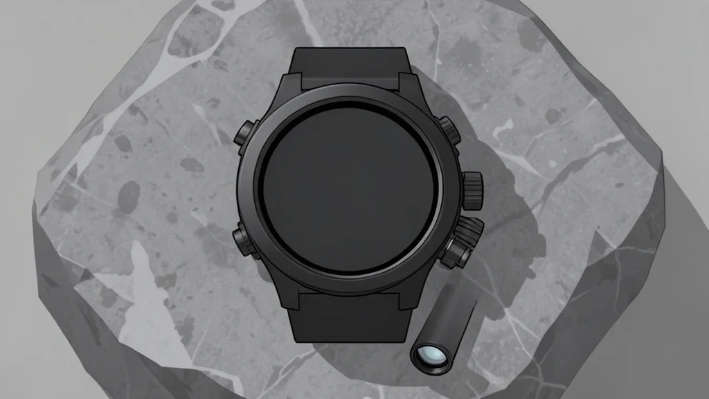 A rugged titanium smartwatch with a digital display showing a topographic map and a small flashlight attached to the side