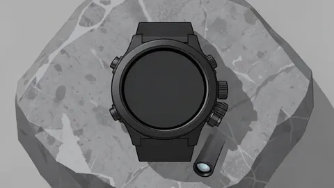 A rugged titanium smartwatch with a digital display showing a topographic map and a small flashlight attached to the side