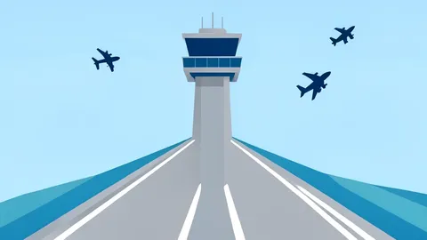 A stylized control tower overlooking a runway with airplanes in motion.