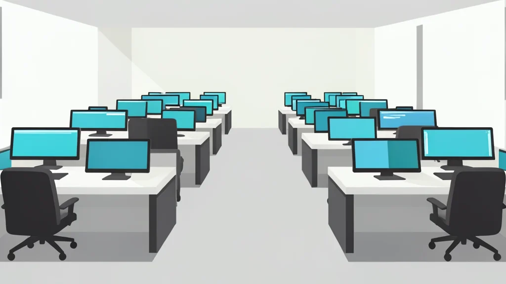 A flat-vector illustration of a trading floor with rows of desks and monitors.