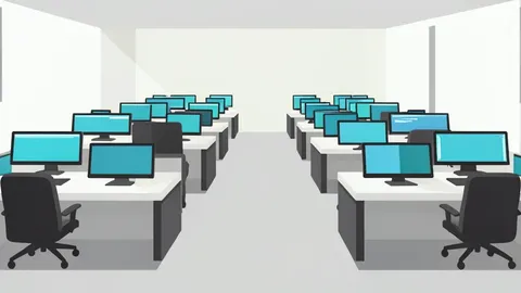 A flat-vector illustration of a trading floor with rows of desks and monitors.