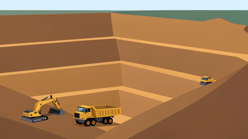 A large open-pit mine with terraced earth walls and heavy mining equipment