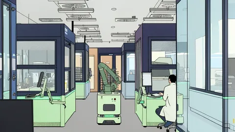 A modern laboratory interior with rows of automated robotic arms and glass beakers on stainless steel benches