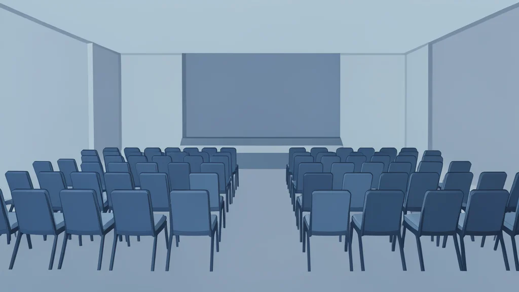 A large conference hall with rows of empty chairs and a stage