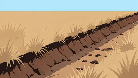 A muddy trench line cutting through a field of dry grass and broken earth