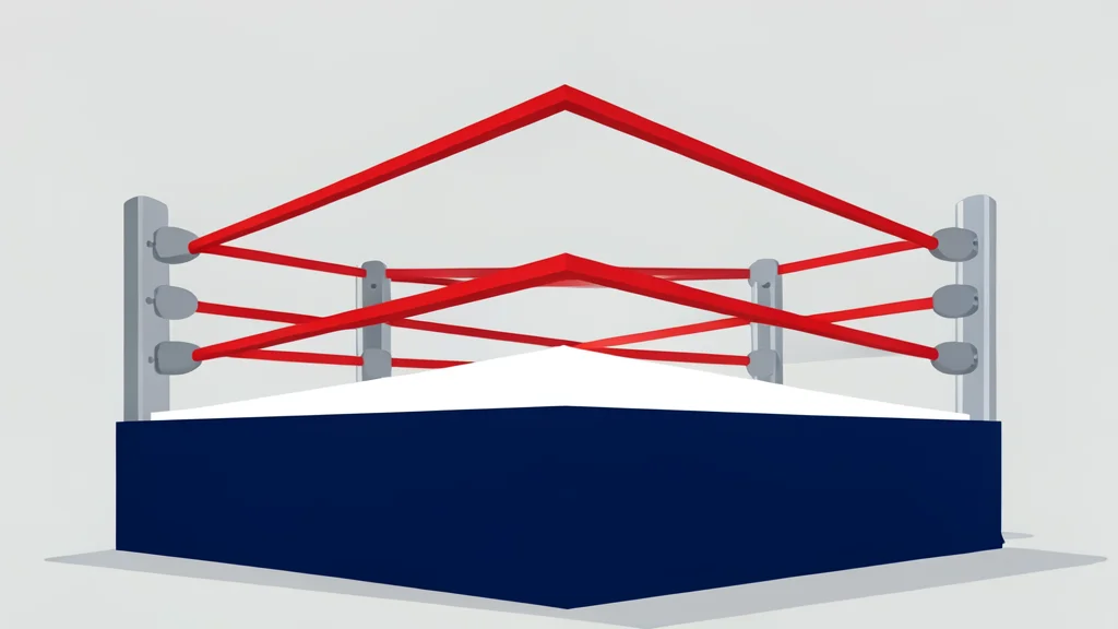 A professional wrestling ring with red ropes and turnbuckles, viewed from a low angle.