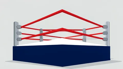 A professional wrestling ring with red ropes and turnbuckles, viewed from a low angle.
