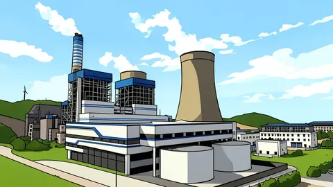 A large industrial power station with cooling towers and heat exchangers