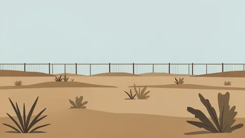 A flat-vector illustration of an arid landscape with sparse vegetation and a distant border fence.