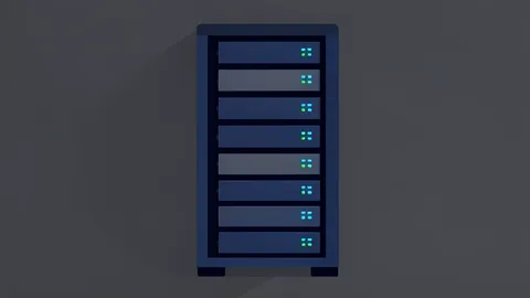 A server rack with blinking status lights in a data center
