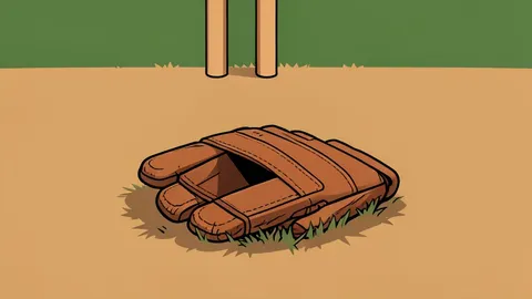A cricket pitch with stumps and a wicketkeeper's gloves resting on the grass