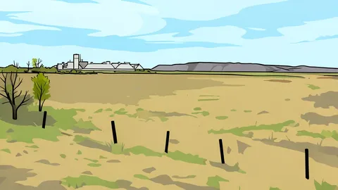 A flat vector illustration of an industrial fertilizer facility with silos and conveyor belts processing white granules.