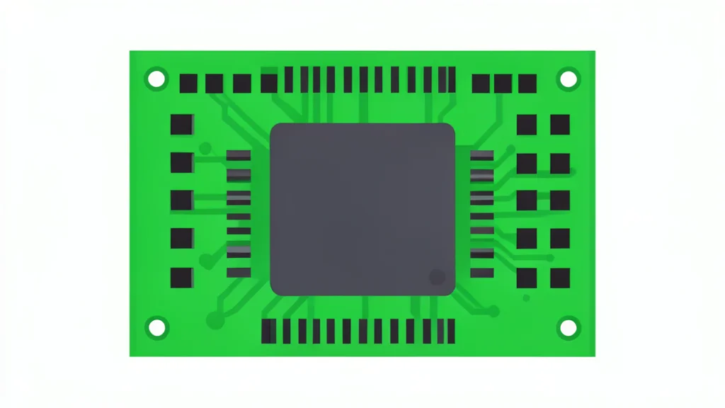 A green printed circuit board featuring black rectangular memory chips and a large central processor die.