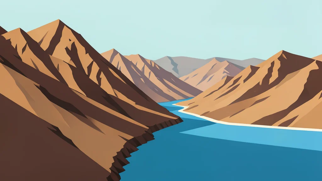 A rugged, arid mountain range overlooking a narrow strait connecting two large bodies of water