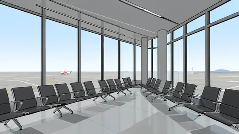 A modern airport terminal with rows of empty seats and large windows overlooking a tarmac