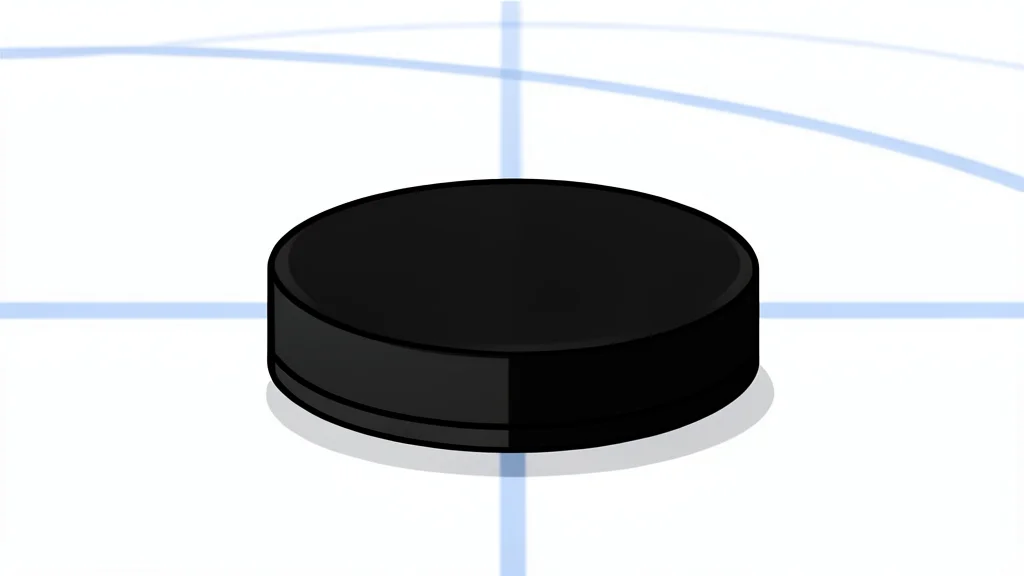 A flat vector illustration of an ice hockey rink with a goal net and a puck on the ice surface.