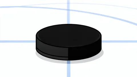 A flat vector illustration of an ice hockey rink with a goal net and a puck on the ice surface.