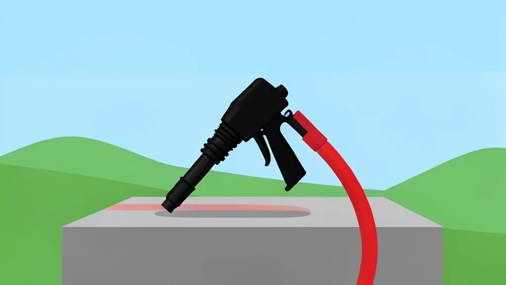 A fuel pump nozzle resting on a concrete island at a gas station