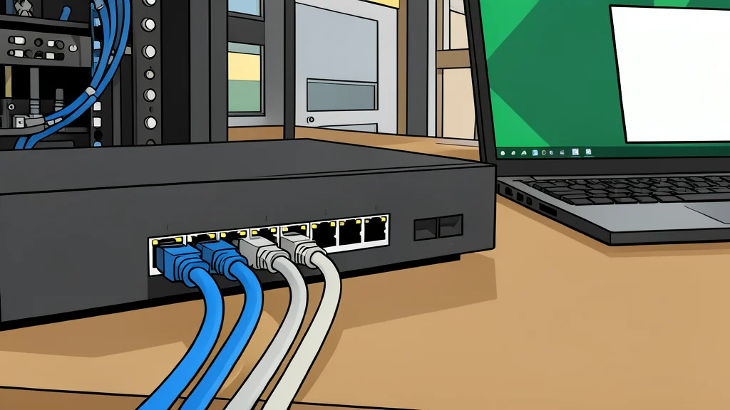 A flat-vector illustration of a network switch with multiple ethernet ports and glowing indicator lights.