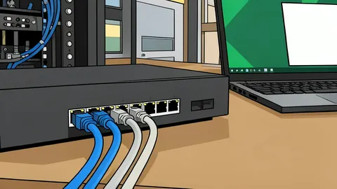 A flat-vector illustration of a network switch with multiple ethernet ports and glowing indicator lights.