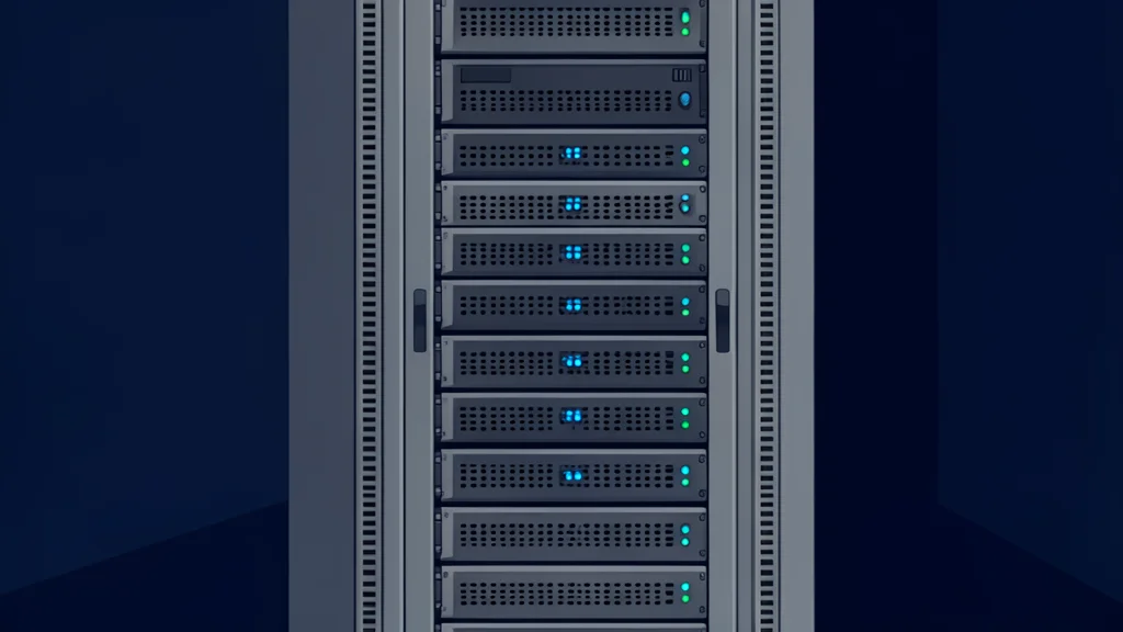 A server rack with blinking status lights in a dark data center