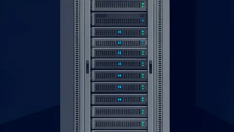 A server rack with blinking status lights in a dark data center