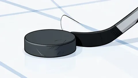 A pair of ice hockey skates resting on a smooth, white ice surface