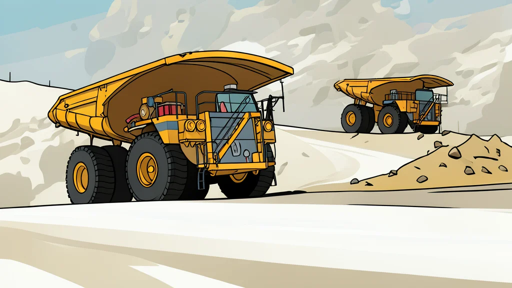 An open-pit mine with terraced earth walls and heavy mining trucks operating on the surface.