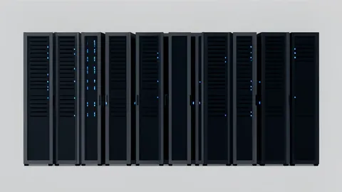 Rows of server racks in a data center