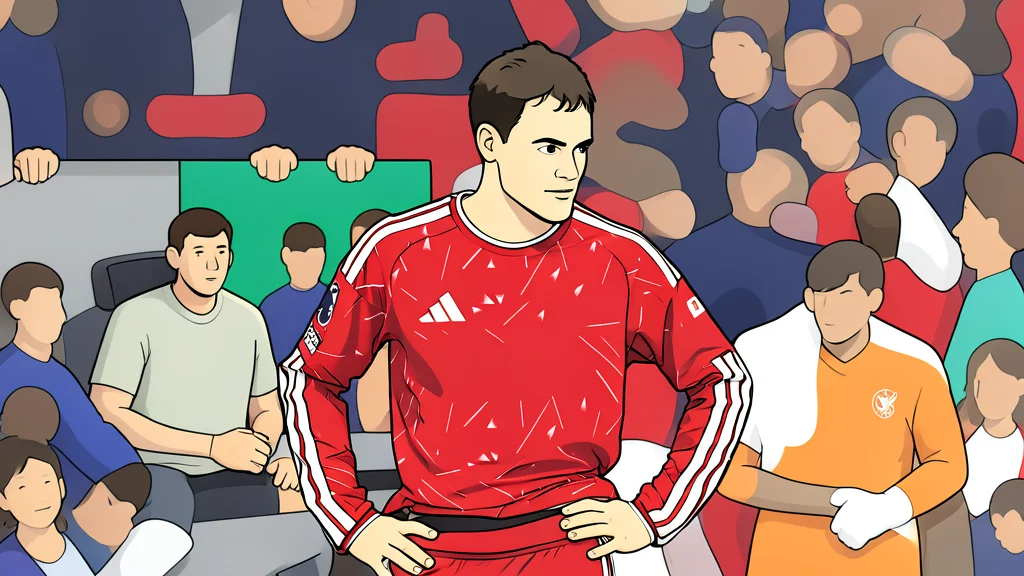 A flat vector illustration of a green football pitch with white lines and a goal net in the background.