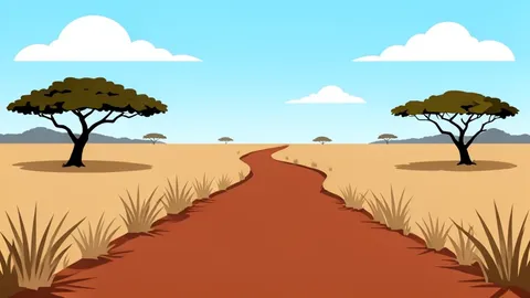 A dusty red-earth road winding through dry savanna grassland under a bright sky