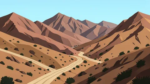 A flat-vector illustration of rugged, arid mountains in northern Yemen with winding dirt roads.