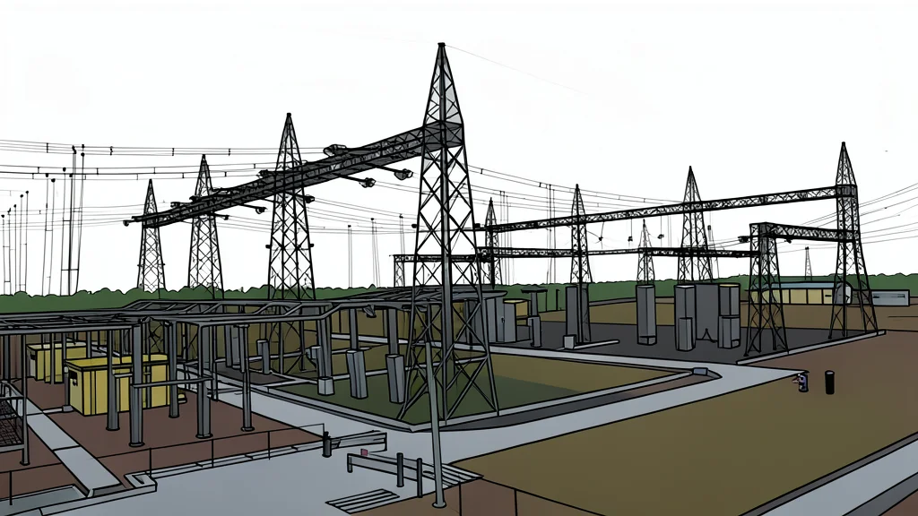 A high-voltage electrical substation with large transformers and transmission towers